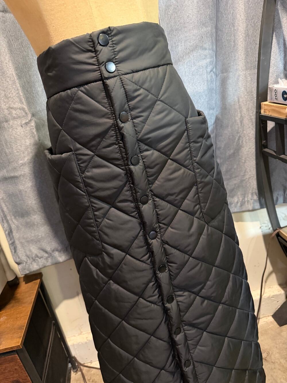 Black Quilted Long Skirt – Padded Diamond Stitch – Warm Winter Skirt – Size XL